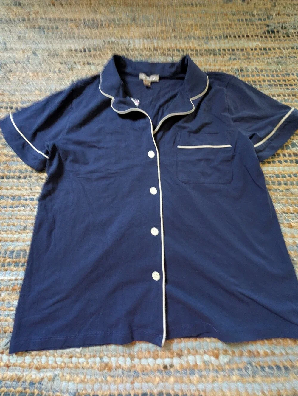 NWT J.Crew Pajama Top S Navy Blue Ivory Piping Button Front Classic Sleepwear